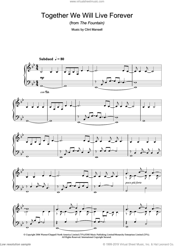 Together We Will Live Forever (from The Fountain) sheet music for piano solo by Clint Mansell, intermediate skill level