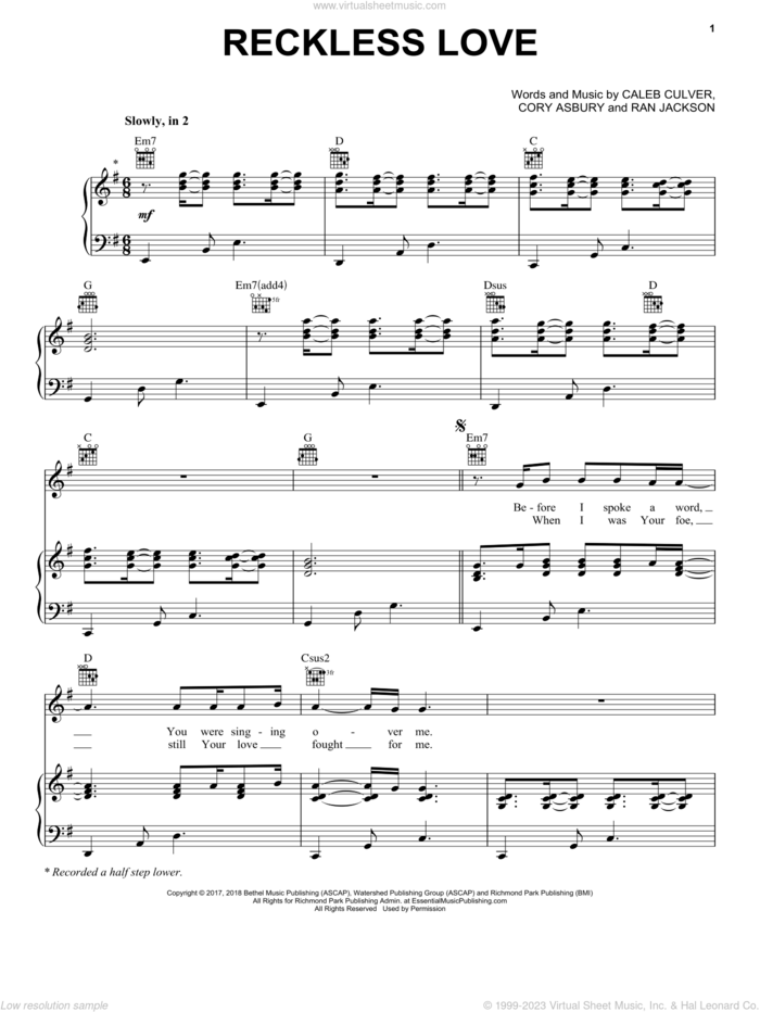 Reckless Love sheet music for voice, piano or guitar by Cory Asbury, Bethel Music, Caleb Culver and Ran Jackson, intermediate skill level