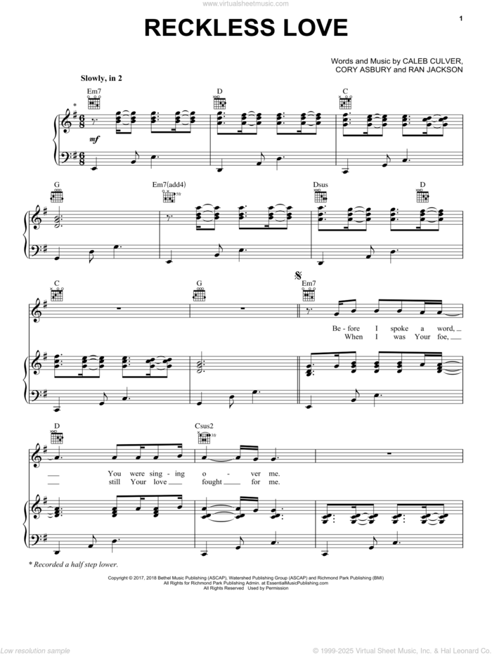 Reckless Love sheet music for voice, piano or guitar by Cory Asbury, Bethel Music, Caleb Culver and Ran Jackson, intermediate skill level