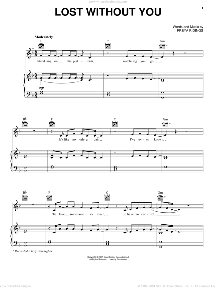 Lost Without You sheet music for voice, piano or guitar by Freya Ridings, intermediate skill level