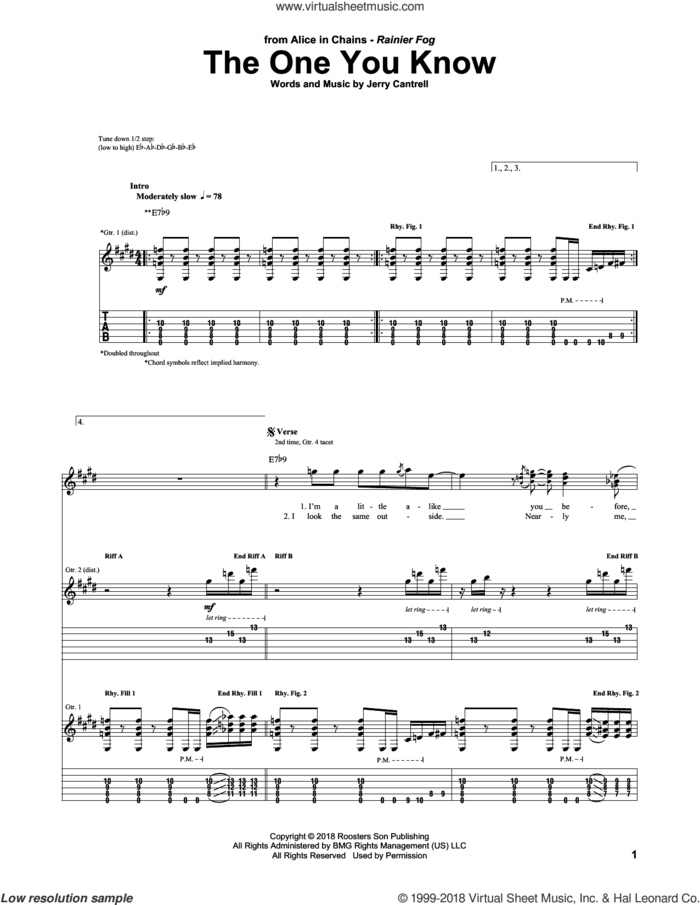 The One You Know sheet music for guitar (tablature) by Alice In Chains and Jerry Cantrell, intermediate skill level