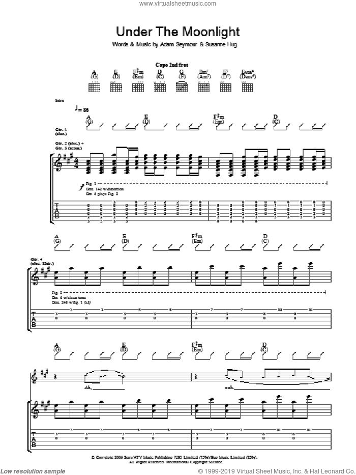 Under The Moonlight sheet music for guitar (tablature) by Merle Travis, Adam Seymour and Susanne Hug, intermediate skill level