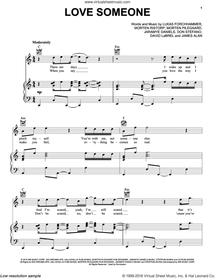 Love Someone sheet music for voice, piano or guitar by Lukas Graham, David Labrel, Don Stefano, James Alan, Jaramye Daniels, Lukas Forchhammer, Morten Pilegaard and Morten Ristorp, intermediate skill level