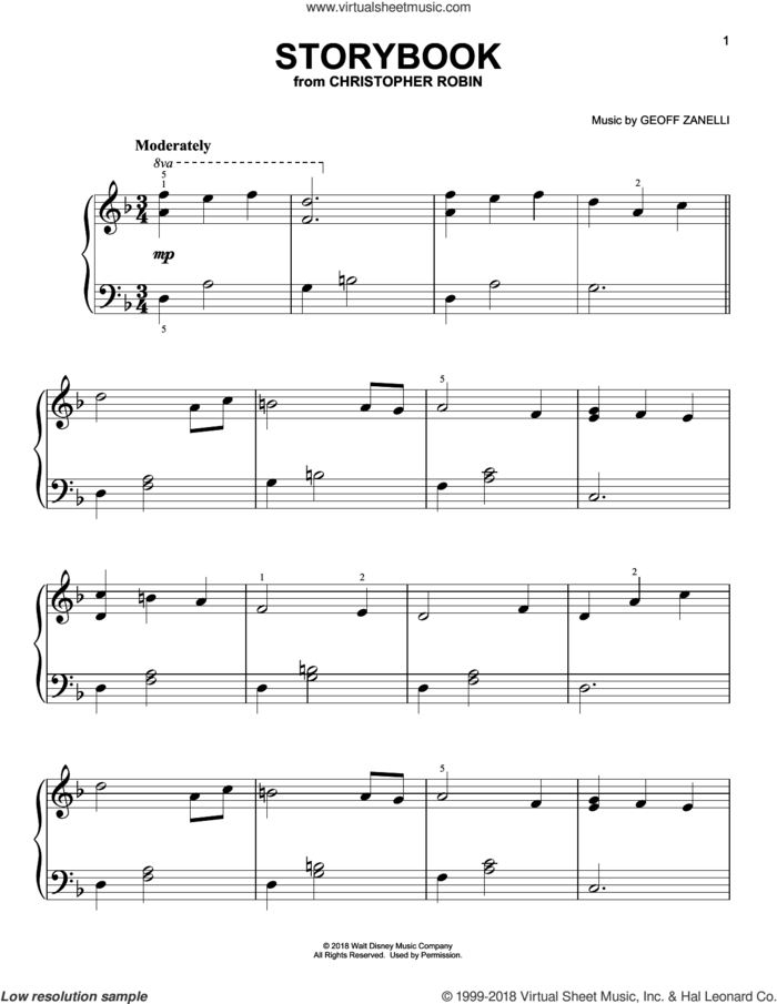 Storybook (from Christopher Robin), (easy) sheet music for piano solo by Geoff Zanelli & Jon Brion, Geoff Zanelli and Jon Brion, easy skill level