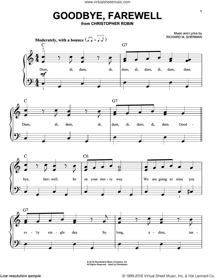 Goodbye, Farewell (from Christopher Robin) sheet music for piano solo by Geoff Zanelli & Jon Brion, Geoff Zanelli and Jon Brion, easy skill level