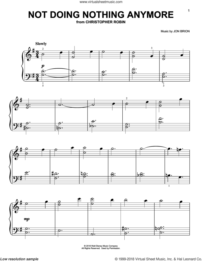 Not Doing Nothing Anymore (from Christopher Robin) sheet music for piano solo by Geoff Zanelli & Jon Brion, Geoff Zanelli and Jon Brion, easy skill level