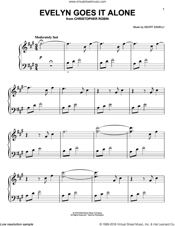 Evelyn Goes It Alone (from Christopher Robin), (easy) sheet music for piano solo by Geoff Zanelli & Jon Brion, Geoff Zanelli and Jon Brion, easy skill level