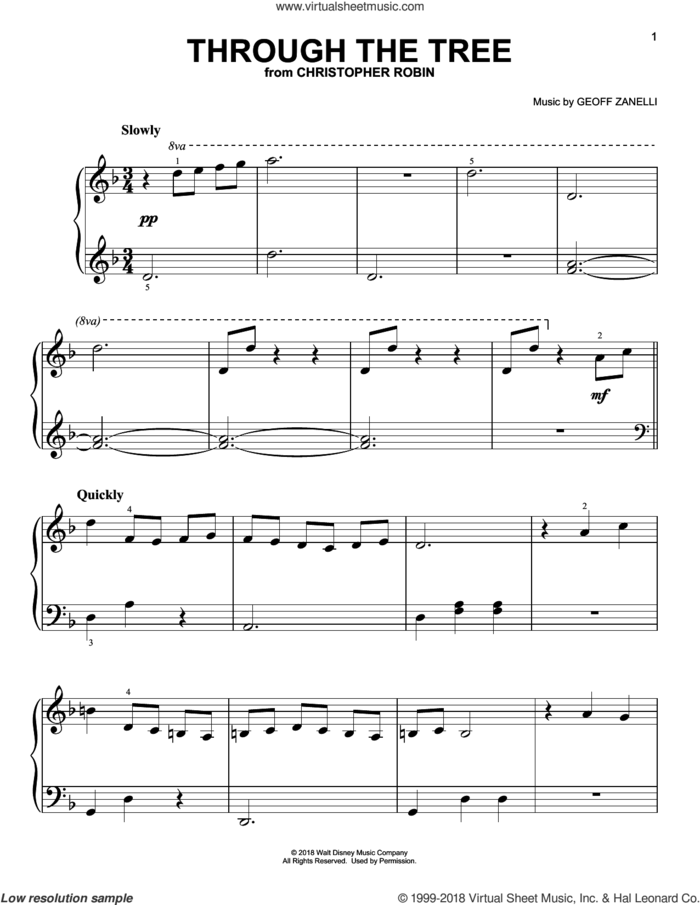 Through The Tree (from Christopher Robin) sheet music for piano solo by Geoff Zanelli & Jon Brion, Geoff Zanelli and Jon Brion, easy skill level