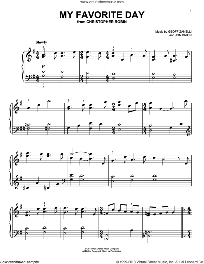 My Favorite Day (from Christopher Robin) sheet music for piano solo by Geoff Zanelli & Jon Brion, Geoff Zanelli and Jon Brion, easy skill level