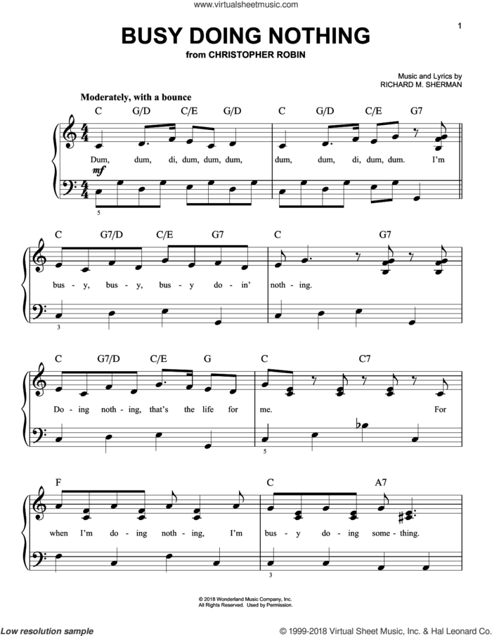Busy Doing Nothing (from Christopher Robin) sheet music for piano solo by Geoff Zanelli & Jon Brion, Geoff Zanelli, Jon Brion and Richard M. Sherman, easy skill level