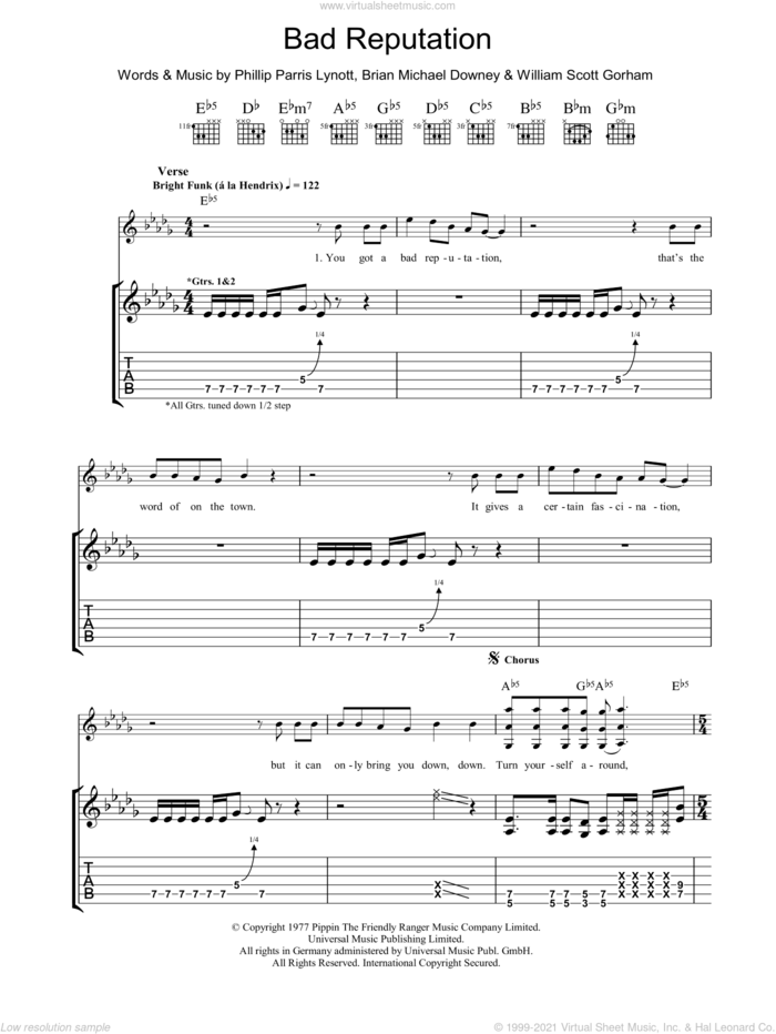 Bad Reputation sheet music for guitar (tablature) by Thin Lizzy, Brian Downey, Phil Lynott and Scott Gorham, intermediate skill level