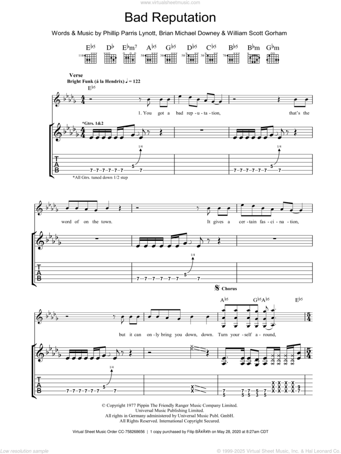 Bad Reputation sheet music for guitar (tablature) by Thin Lizzy, Brian Downey, Phil Lynott and Scott Gorham, intermediate skill level