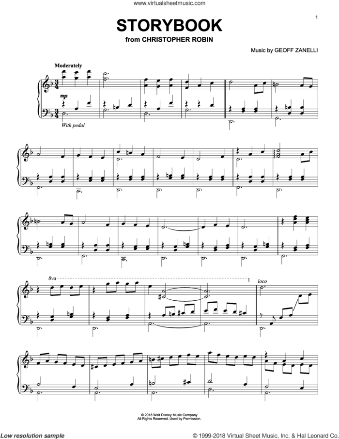 Storybook (from Christopher Robin), (intermediate) sheet music for piano solo by Geoff Zanelli & Jon Brion, Geoff Zanelli and Jon Brion, intermediate skill level