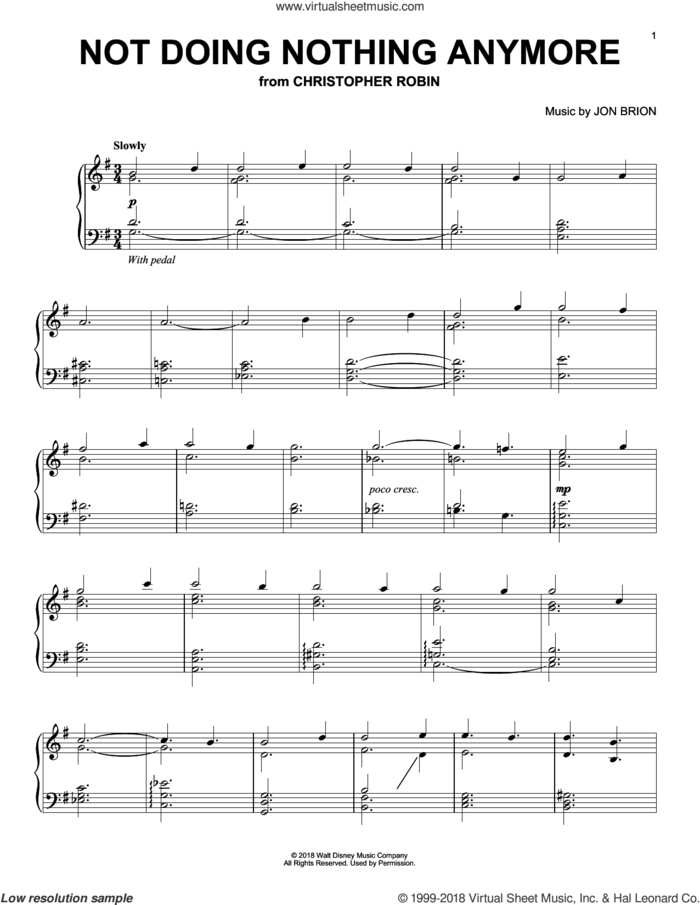 Not Doing Nothing Anymore (from Christopher Robin) sheet music for piano solo by Geoff Zanelli & Jon Brion, Geoff Zanelli and Jon Brion, intermediate skill level
