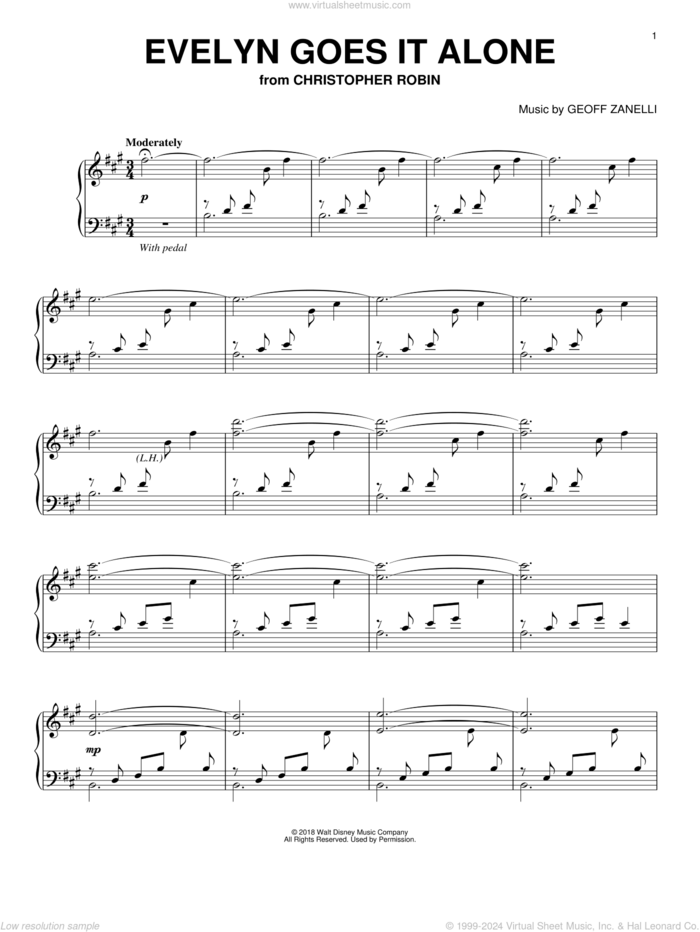 Evelyn Goes It Alone (from Christopher Robin), (intermediate) sheet music for piano solo by Geoff Zanelli & Jon Brion, Geoff Zanelli and Jon Brion, intermediate skill level