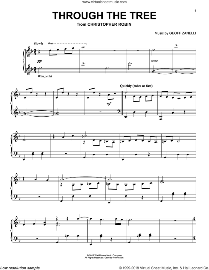 Through The Tree (from Christopher Robin) sheet music for piano solo by Geoff Zanelli & Jon Brion, Geoff Zanelli and Jon Brion, intermediate skill level