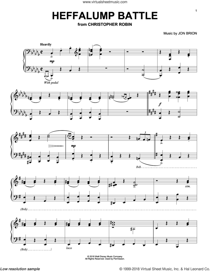 Heffalump Battle (from Christopher Robin) sheet music for piano solo by Geoff Zanelli & Jon Brion, Geoff Zanelli and Jon Brion, intermediate skill level