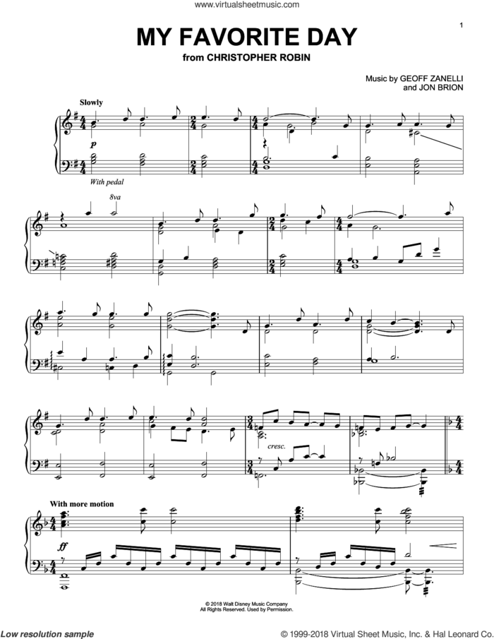 My Favorite Day (from Christopher Robin) sheet music for piano solo by Geoff Zanelli & Jon Brion, Geoff Zanelli and Jon Brion, intermediate skill level