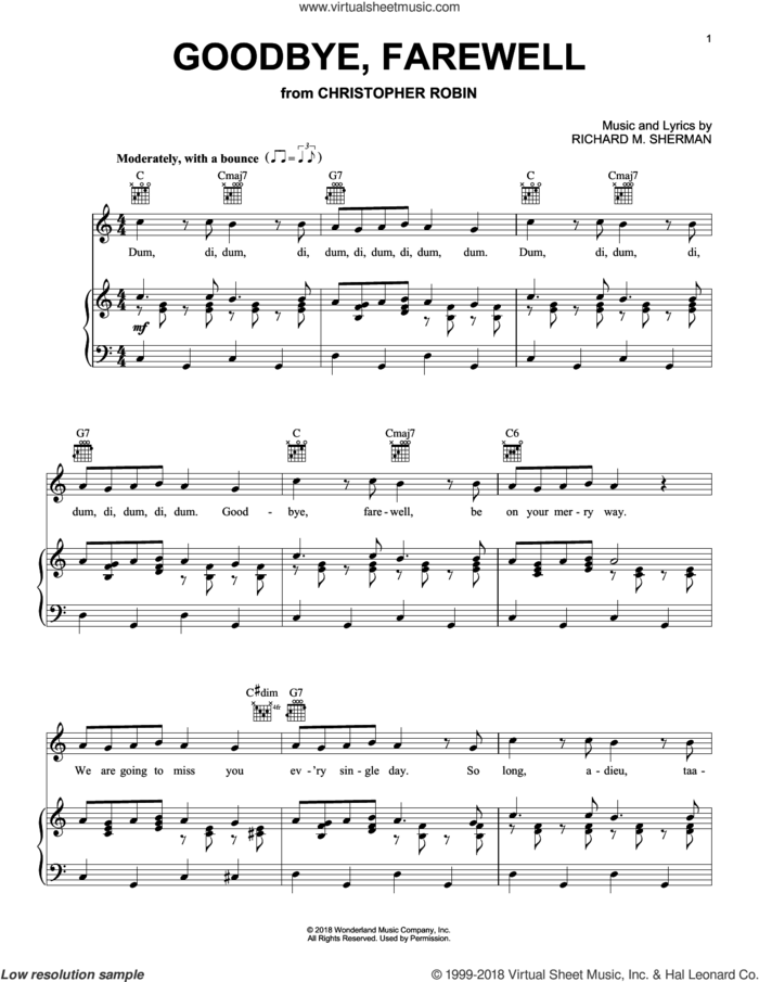 Goodbye, Farewell (from Christopher Robin) sheet music for voice, piano or guitar by Geoff Zanelli & Jon Brion, Geoff Zanelli and Jon Brion, intermediate skill level