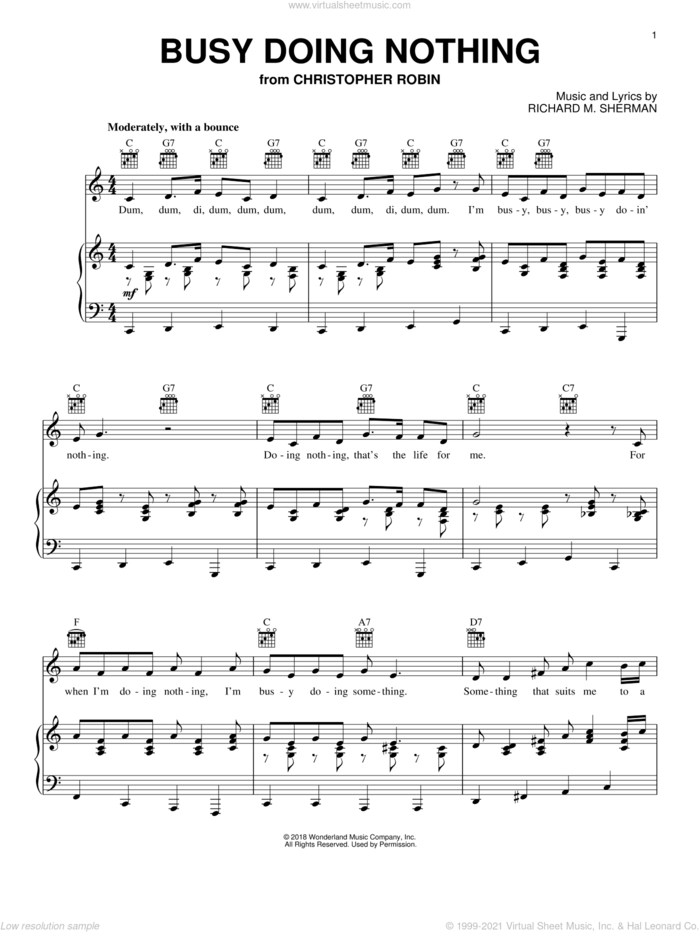 Busy Doing Nothing (from Christopher Robin) sheet music for voice, piano or guitar by Geoff Zanelli & Jon Brion, Geoff Zanelli, Jon Brion and Richard M. Sherman, intermediate skill level