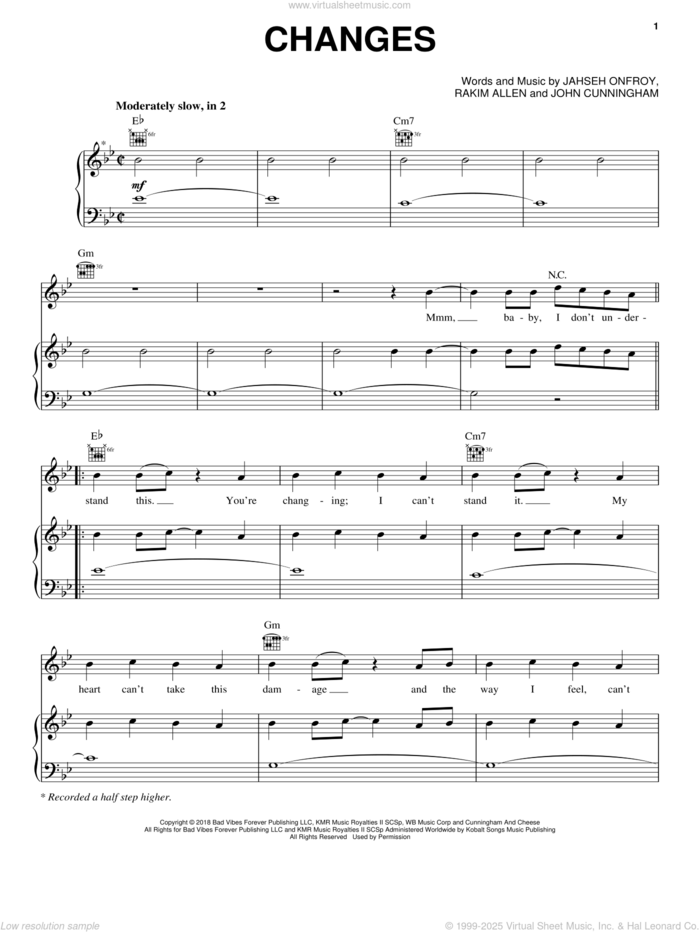 Changes sheet music for voice, piano or guitar by XXXTentacion, Jahseh Onfroy, John Cunningham and Rakim Allen, intermediate skill level