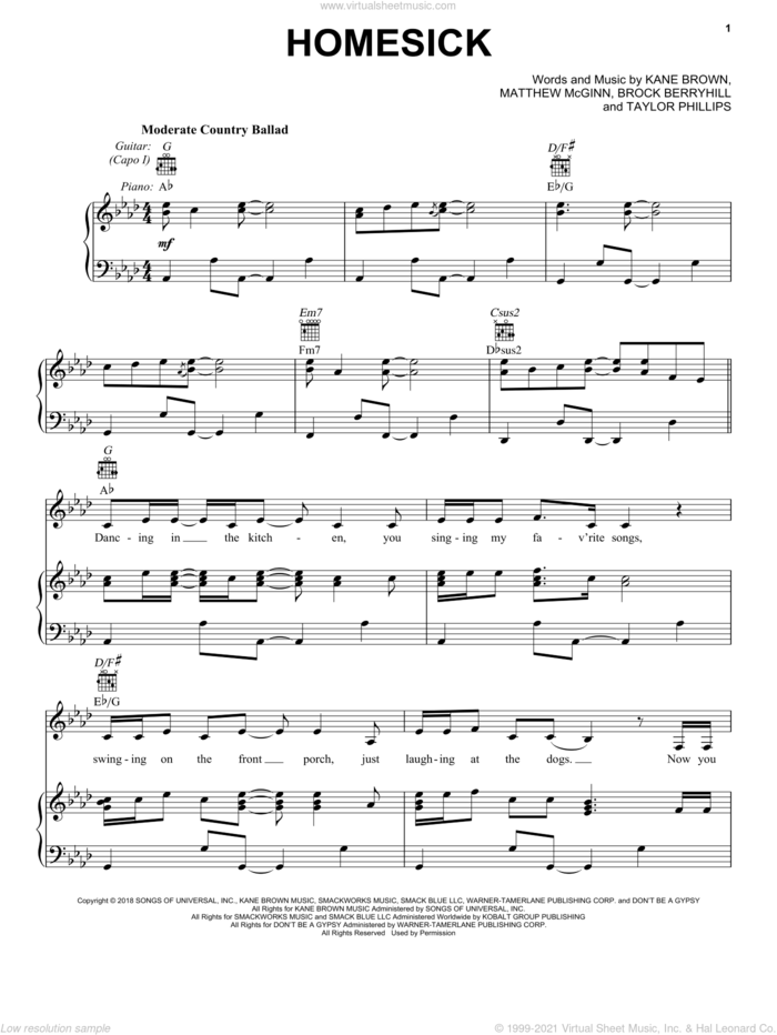 Homesick sheet music for voice, piano or guitar by Kane Brown, Brock Berryhill, Matthew McGinn and Taylor Phillips, intermediate skill level