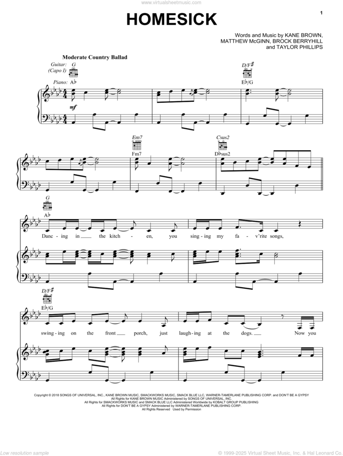 Homesick sheet music for voice, piano or guitar by Kane Brown, Brock Berryhill, Matthew McGinn and Taylor Phillips, intermediate skill level