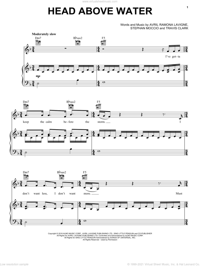 Head Above Water sheet music for voice, piano or guitar by Avril Lavigne, Avril Ramona Lavigne, Graham Edwards, Stephan Moccio and Travis Clark, intermediate skill level