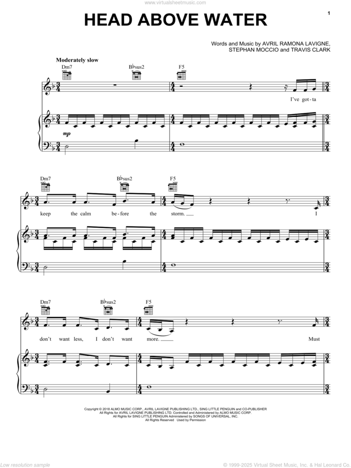 Head Above Water sheet music for voice, piano or guitar by Avril Lavigne, Avril Ramona Lavigne, Graham Edwards, Stephan Moccio and Travis Clark, intermediate skill level