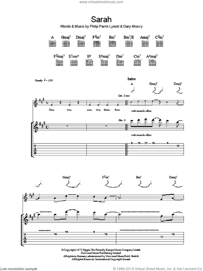 Sarah sheet music for guitar (tablature) by Thin Lizzy, Gary Moore and Phil Lynott, intermediate skill level