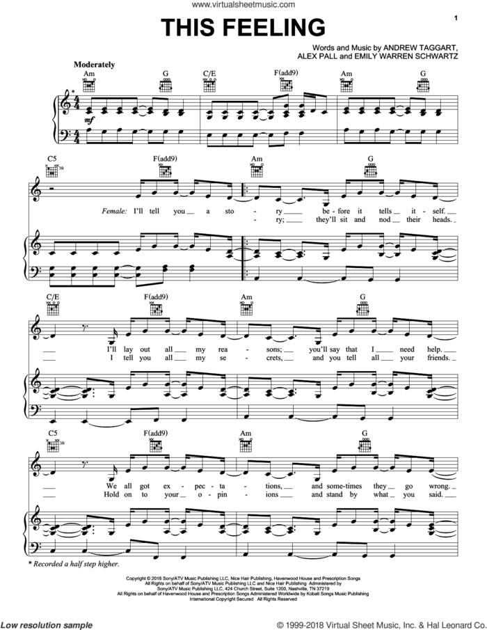 This Feeling (Feat. Kelsea Ballerini) sheet music for voice, piano or guitar by Chainsmokers, Alex Pall, Andrew Taggart and Emily Warren Schwartz, intermediate skill level