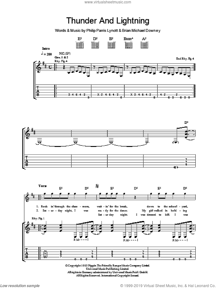 Thunder And Lightning sheet music for guitar (tablature) by Thin Lizzy, Brian Downey and Phil Lynott, intermediate skill level
