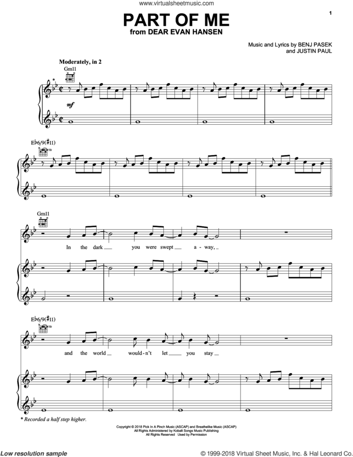 Part Of Me (from Dear Evan Hansen) sheet music for piano, voice or guitar by Pasek & Paul, Benj Pasek and Justin Paul, intermediate skill level
