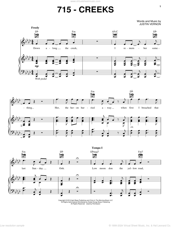 715 - CREEKS sheet music for voice, piano or guitar by Bon Iver and Justin Vernon, intermediate skill level