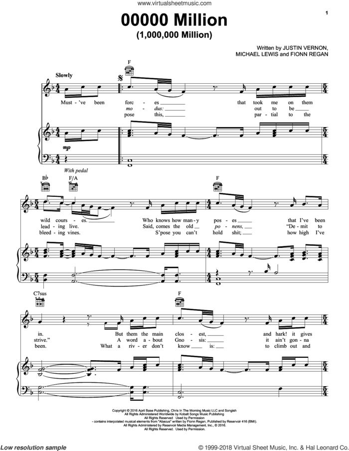 00000 Million (1,000,000 Million) sheet music for voice, piano or guitar by Bon Iver, Fionn Regan, Justin Vernon and Michael Lewis, intermediate skill level