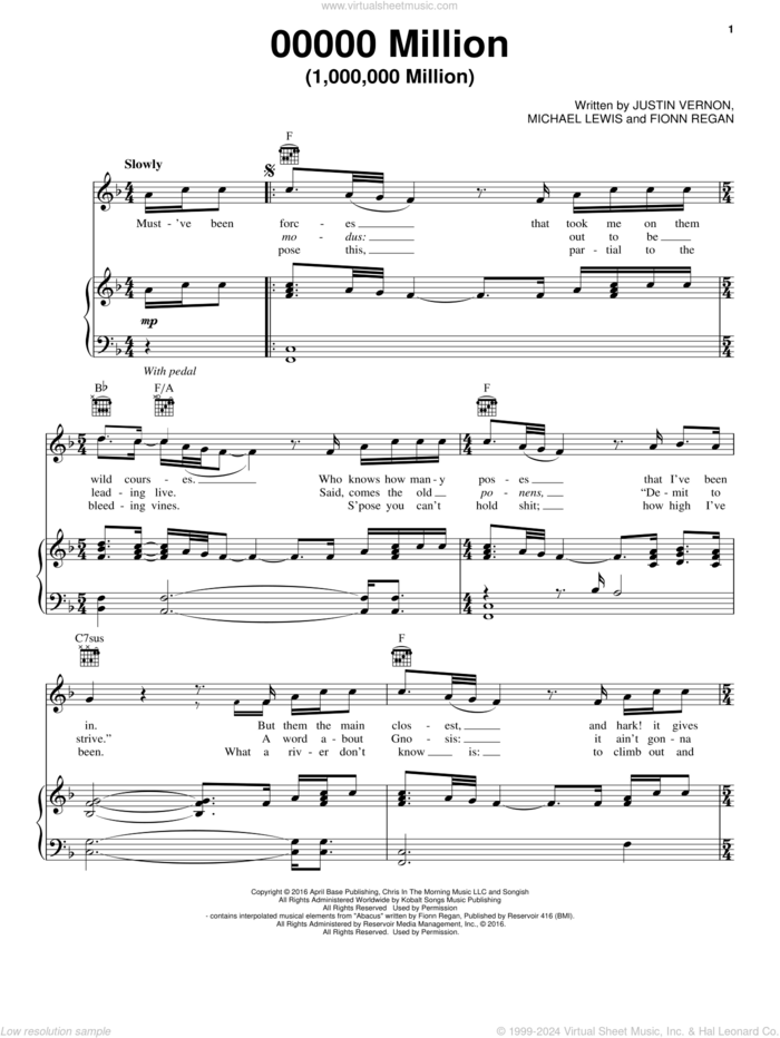 00000 Million (1,000,000 Million) sheet music for voice, piano or guitar by Bon Iver, Fionn Regan, Justin Vernon and Michael Lewis, intermediate skill level