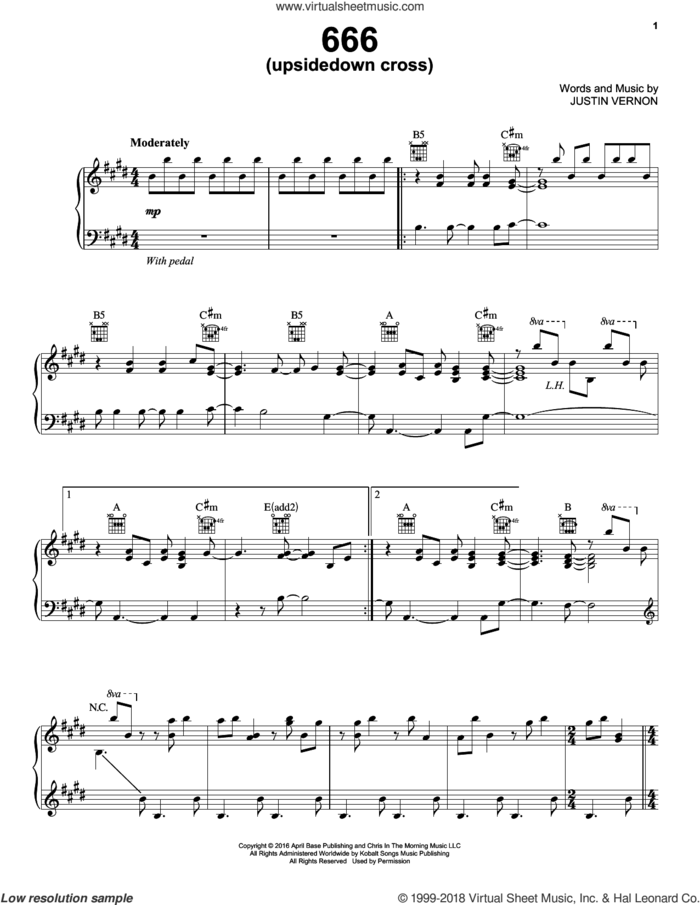 666 (upsidedown cross) sheet music for voice, piano or guitar by Bon Iver and Justin Vernon, intermediate skill level