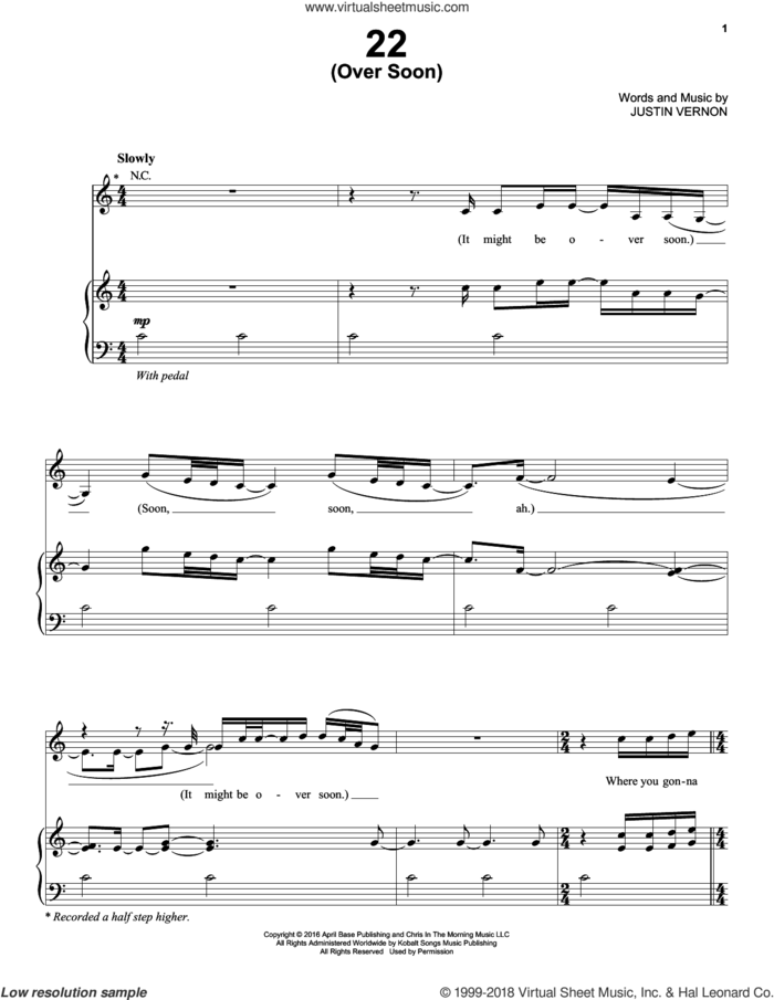 22 (Over Soon) sheet music for voice, piano or guitar by Bon Iver and Justin Vernon, intermediate skill level