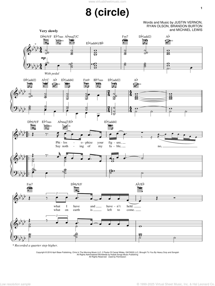 8 (circle) sheet music for voice, piano or guitar by Bon Iver, Brandon Burton, Justin Vernon, Michael Lewis and Ryan Olson, intermediate skill level