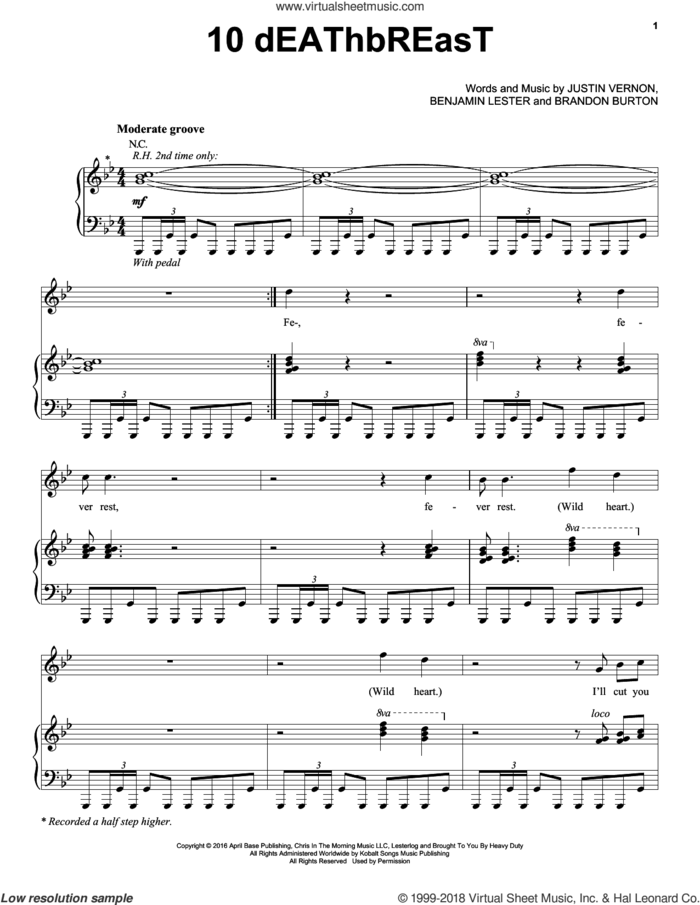 10dEAThbREasT sheet music for voice, piano or guitar by Bon Iver, Benjamin Lester, Brandon Burton and Justin Vernon, intermediate skill level
