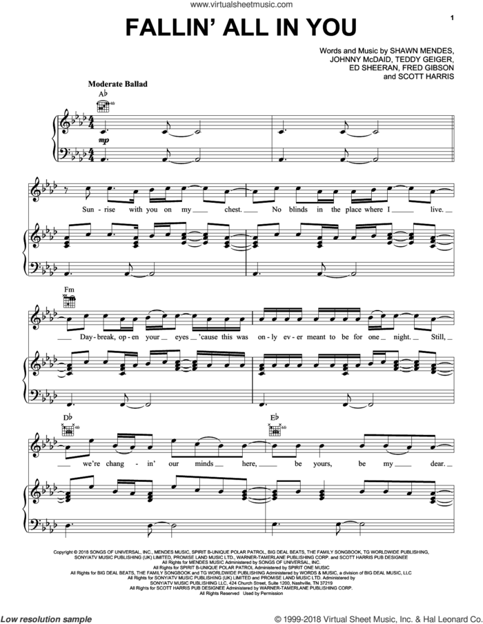 Fallin' All In You sheet music for voice, piano or guitar by Shawn Mendes, Ed Sheeran, Fred Gibson, Johnny McDaid, Scott Harris and Teddy Geiger, intermediate skill level