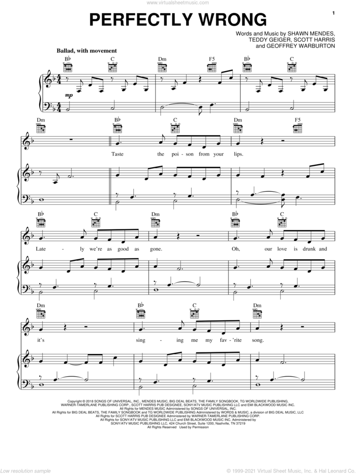 Perfectly Wrong sheet music for voice, piano or guitar by Shawn Mendes, Geoffrey Warburton, Scott Harris and Teddy Geiger, intermediate skill level