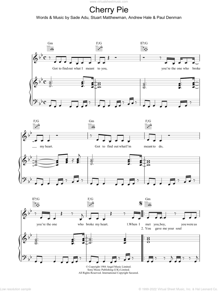 Cherry Pie sheet music for voice, piano or guitar by Sade, Andrew Hale, Helen Adu, Paul Spencer Denman and Stuart Matthewman, intermediate skill level