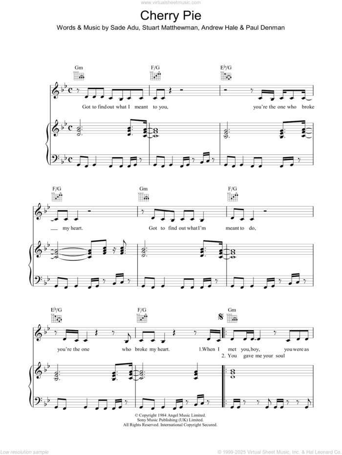 Cherry Pie sheet music for voice, piano or guitar by Sade, Andrew Hale, Helen Adu, Paul Spencer Denman and Stuart Matthewman, intermediate skill level