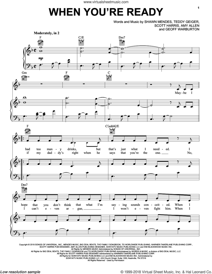 When You're Ready sheet music for voice, piano or guitar by Shawn Mendes, Amy Allen, Geoff Warburton, Scott Harris and Teddy Geiger, intermediate skill level