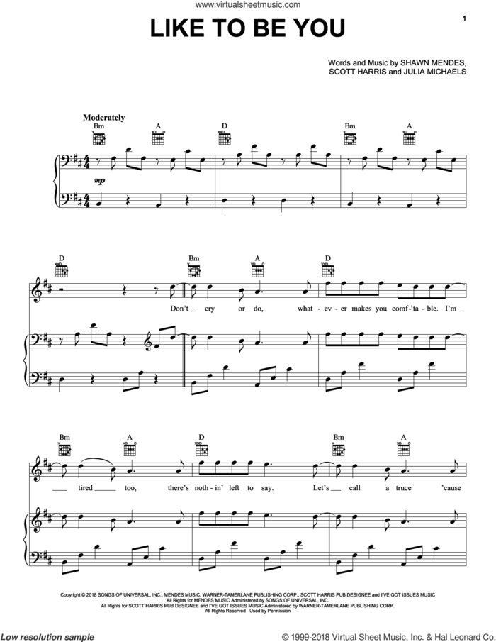Like To Be You sheet music for voice, piano or guitar by Shawn Mendes & Julia Michaels, Julia Michaels, Scott Harris and Shawn Mendes, intermediate skill level