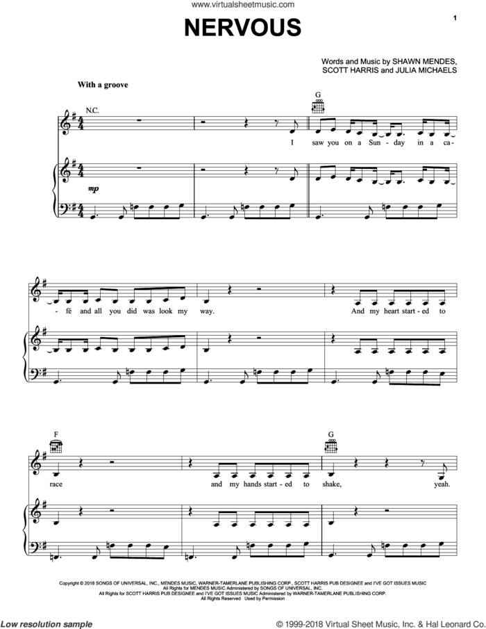 Nervous sheet music for voice, piano or guitar by Shawn Mendes, Julia Michaels and Scott Harris, intermediate skill level