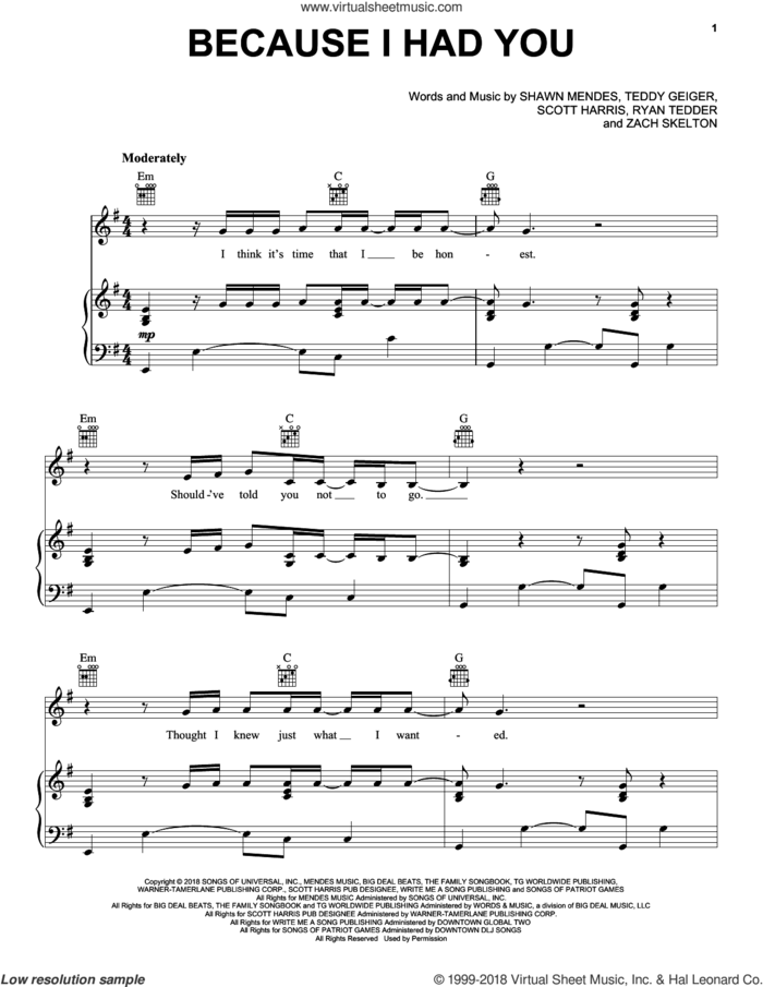 Because I Had You sheet music for voice, piano or guitar by Shawn Mendes, Ryan Tedder, Scott Harris, Teddy Geiger and Zach Skelton, intermediate skill level