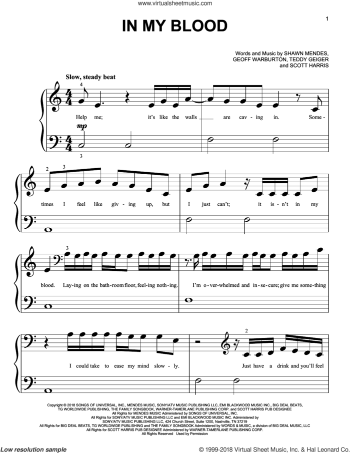 In My Blood sheet music for piano solo (big note book) by Shawn Mendes, Geoff Warburton, Scott Harris and Teddy Geiger, easy piano (big note book)