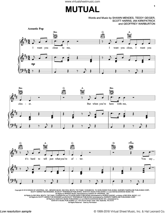 Mutual sheet music for voice, piano or guitar by Shawn Mendes, Geoffrey Warburton, Ian Kirkpartick, Scott Friedman and Teddy Geiger, intermediate skill level